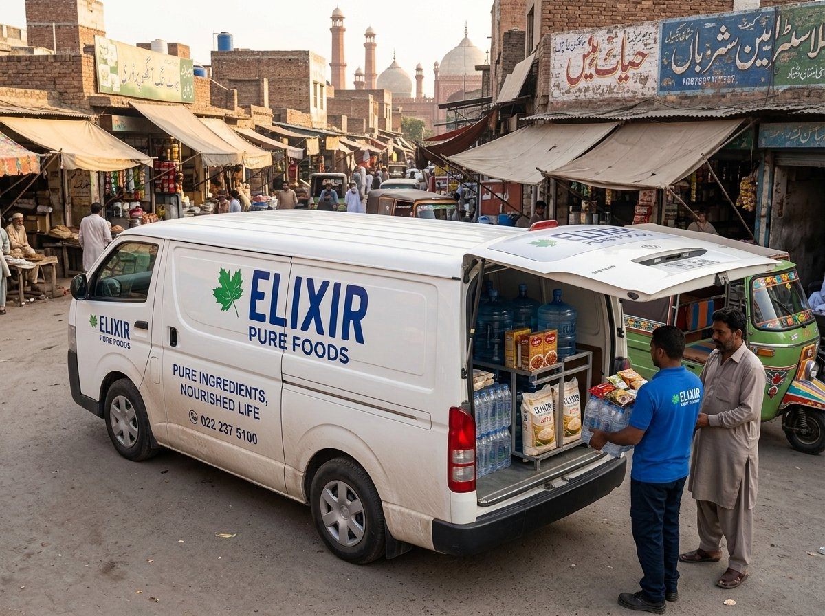 Elixir Pure Foods delivery van serving customers in Pakistan