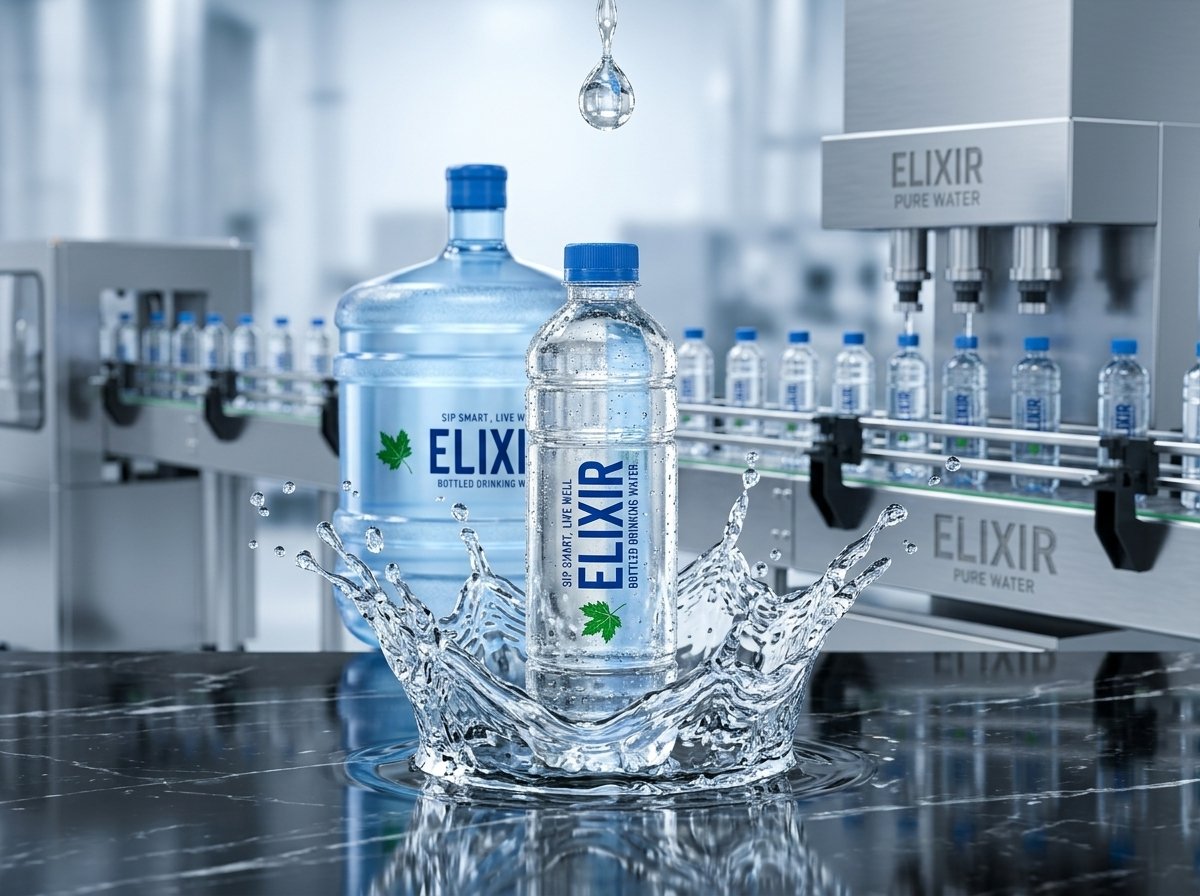 Elixir bottled drinking water at the bottling line