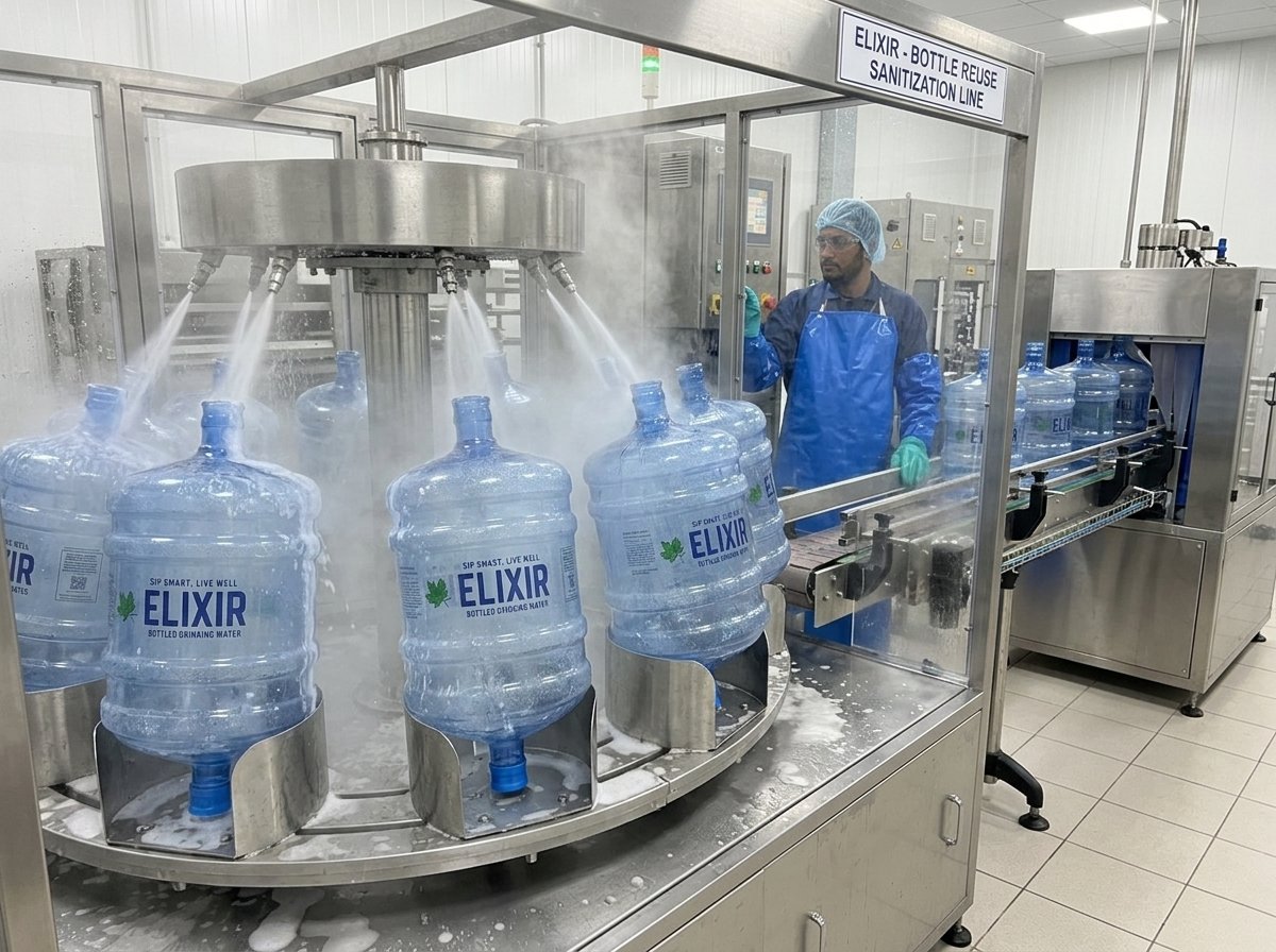 Reusable Elixir water bottles being washed before refill