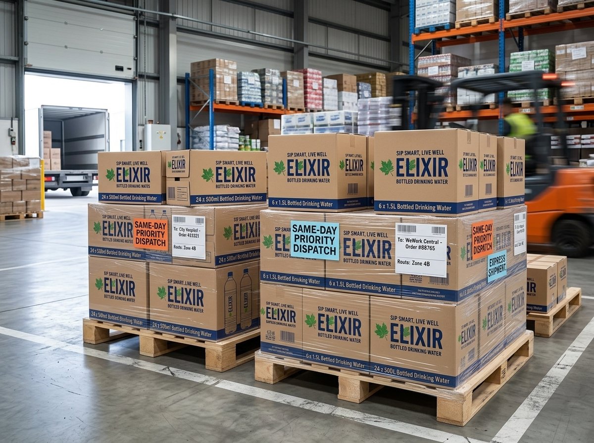 Elixir drinking water cartons prepared for dispatch