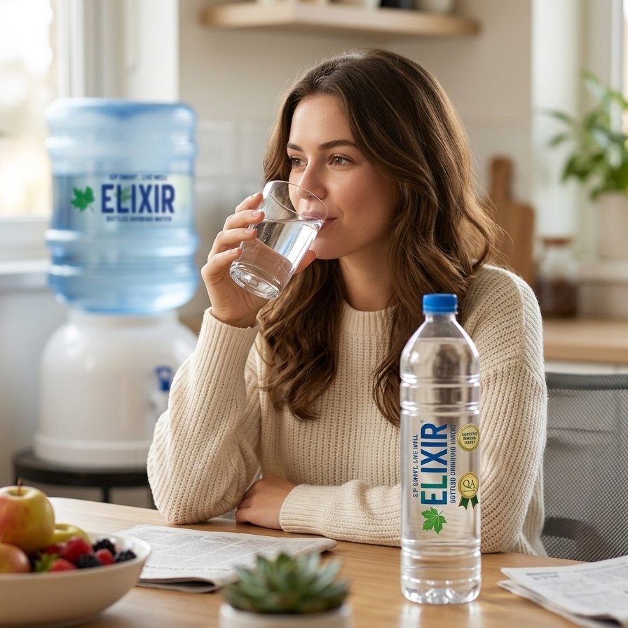 Customer drinking Elixir bottled water at home